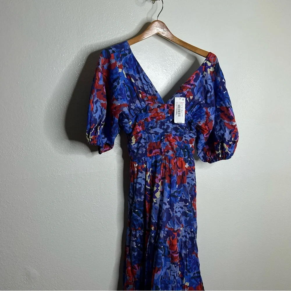 NWT Ro's Garden 100% Cotton Blue Red Floral Puff Sleeve Nieves Maxi Dress Small